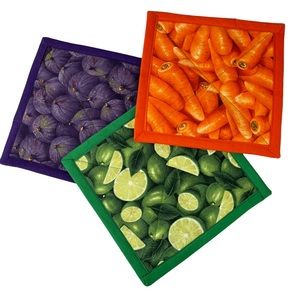 Vintage Cottage Core Handmade Hotpads Set of 3 Carrots Plums Limes Produce Bold